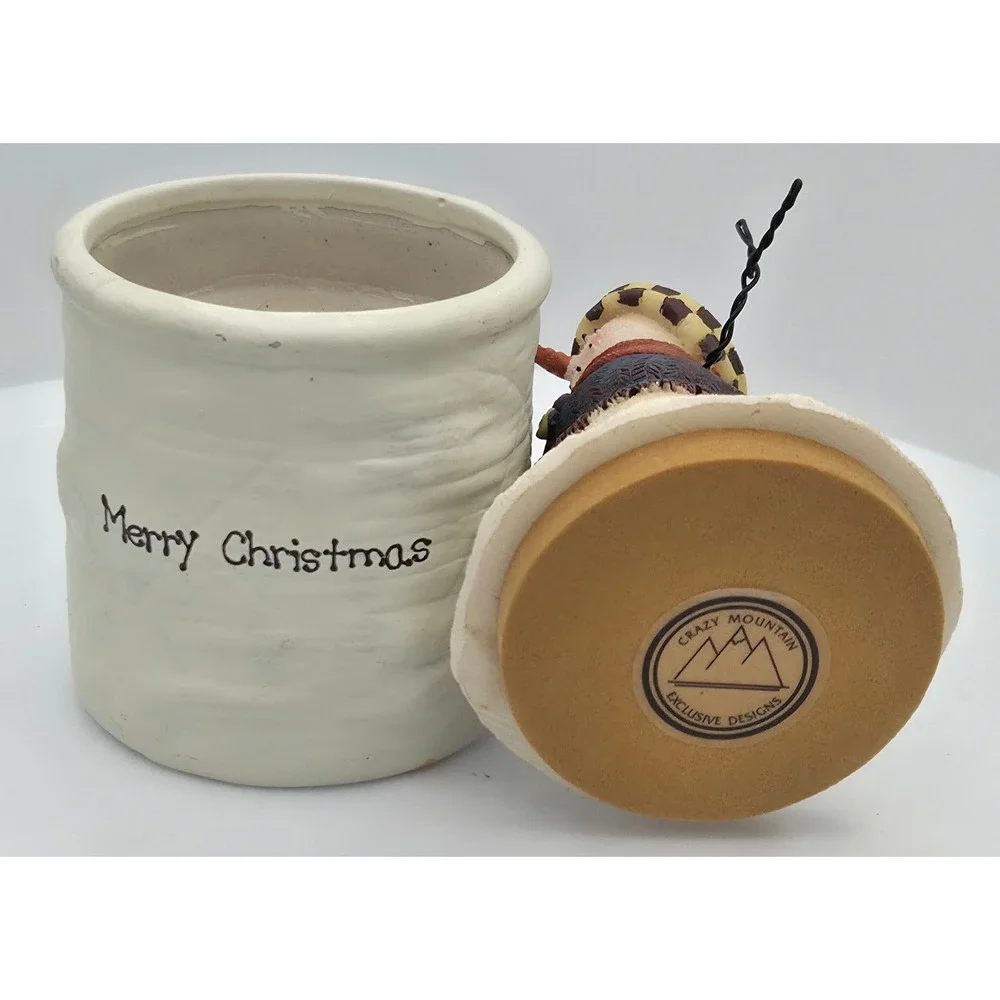 Crazy Mountain Merry Christmas Snowman Figurine/Candle Rustic Folk Art Primitive